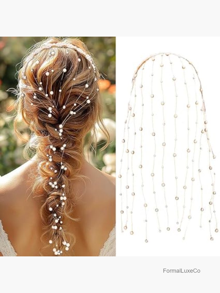Pearl Wedding Headband Gold Tassel Bridal Hair Extension Chain Headpiece